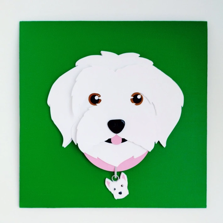 Vista detalle frontal sobre retablo 20 cm x 20 cm Terrier blanco